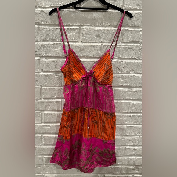 Y2K 100% Silk Guess Mini Pink and Orange Dress - Picture 1 of 8